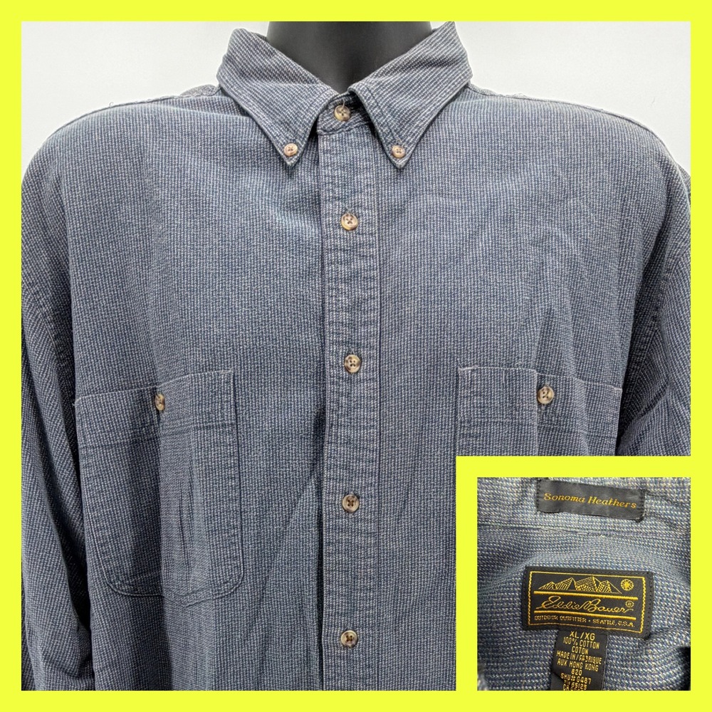 VTG Eddie Bauer Sonoma Heathers Shirt Mens XL Blue Textured Cotton 90s